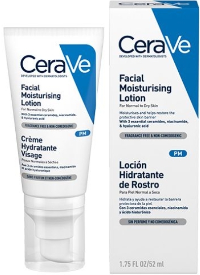 CeraVe Facial Moisturizing Lotion PM 52ml. เซราวี เฟเชียล มอยซ์เจอร์ไรซิ่ง โลชั่น โลชั่นบำรุงผิวหน้า  สำหรับผิวธรรมดา-ผิวแห้ง